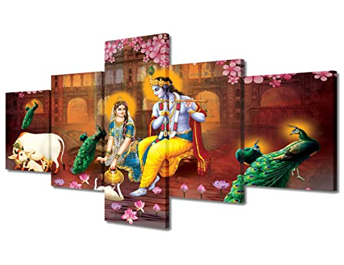 TUMOVO 5 Panels Ganesh Festival Modern Home Decor Radha Krishna Canvas Paintings for Bedroom, Living Room, Office. Hindu God Ganesha Wall Decor Posters and Prints Ready to Hang (50