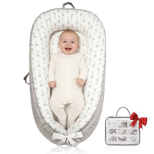 Image of Baby Lounger | Organic Cotton Infant Floor Support Cushion | Reversible, Adjustable & Portable Floor Support | Soft, Breathable, Washable Cover (Grey Arrow)