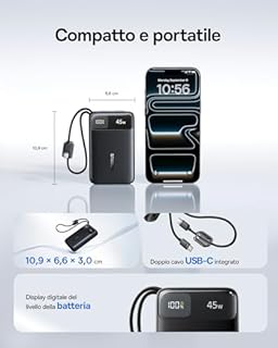 Baseus FC11 Powerbank 45W 20000mAh con 2 cavi USB-C Integrati, Mini Power Bank Ricarica Rapida con Certificato CCC, Caricatore Portatile per iPhone 17/16/15 Pro Max, Samsung Galaxy S25/S24, iPad, Nero