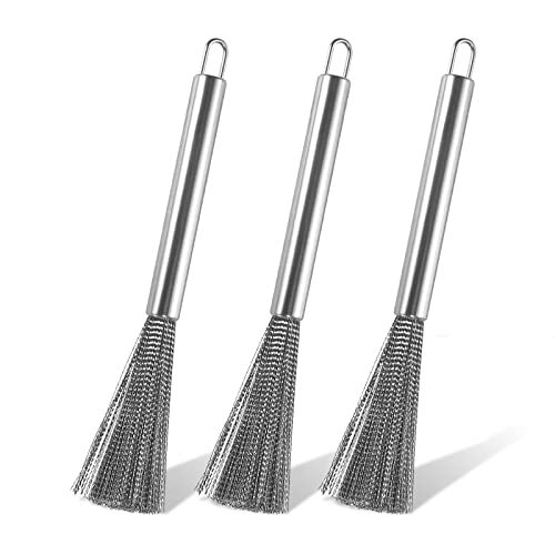 Depurador de acero inoxidable, paquete de 3 estropajos de lana de acero, limpiador de ollas de mango largo, cepillo de utensilios de cocina para ollas de cocina, sartenes, limpieza eficiente de platos