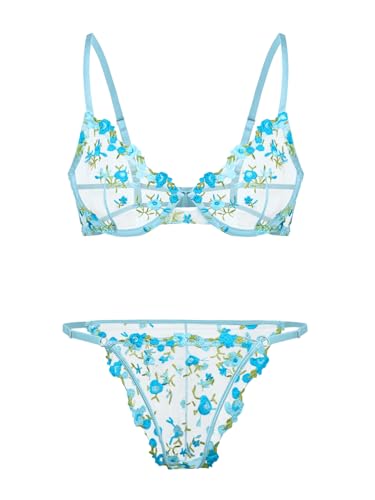 Image of Lilosy Sexy Floral Embroidered Mesh Sheer Underwire Lingerie Set