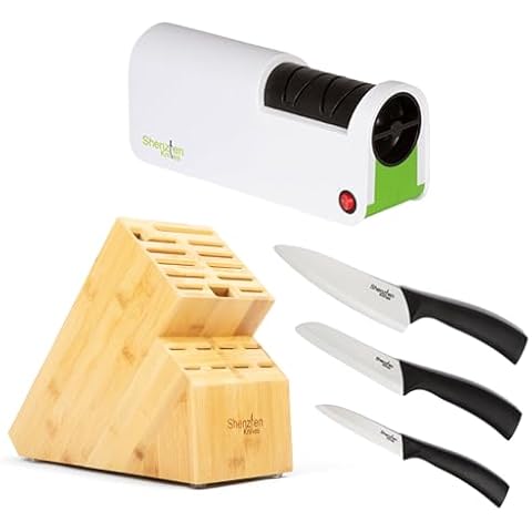 Shenzhen Knives - 20 Slot Universal Knife Block: X-Large, White Ceramic Knife Set - 3-Piece AND Electric Diamond Knife Sharpener (3 Pack Bundle) Cover