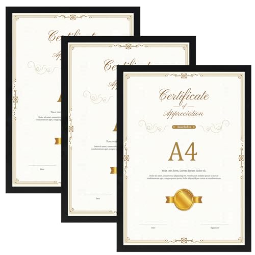 Hoikwo Black A4 Photo Frame Pack of 3 A4 Picture Frames for Wall or Tabletop Perfect for Certificates Family Photos Artwork Posters & Important Documents