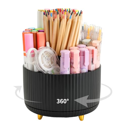Camelmother Pen Holder For Desk With 5 Slots 360°Rotating Pencil Holder Makeup Organiezr Teacher Supplies Office decor (black)