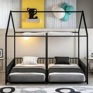 Double Montessori Floor Bed with Fence & Roof for Two Kids Teens Boys Girls,Twin Floor Bed,Easy Assemble,No Box Spring Needed, Black Double Montessori Floor Bed with Fence Roof for Two Kids Teens Boys GirlsTwin Floor BedEasy AssembleNo Box Spring Needed Black