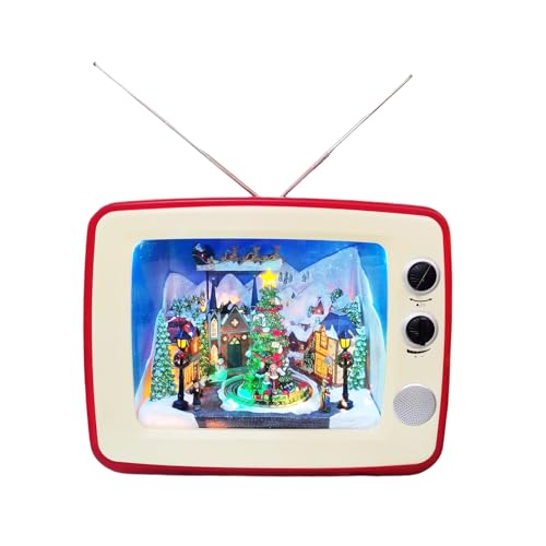 MOMENTS IN TIME Animated Red Retro TV Christmas Decoration LED Lighted Holiday Scene with Santa Sleigh & Train Plays 8 Classic Christmas Songs Plug-in Adapter Chirstmas Village