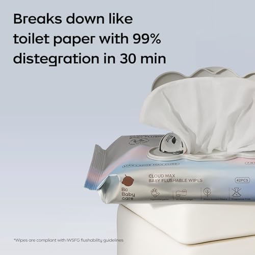 Bc Babycare Flushable Wipes, Hypoallergenic for Sensitive Skin, 99% Water, Plant-Based Fibers, Sewer + Septic Safe, Fragrance Free Toddler Potty Training, 336 Wipes, 8 Pack - Image 4