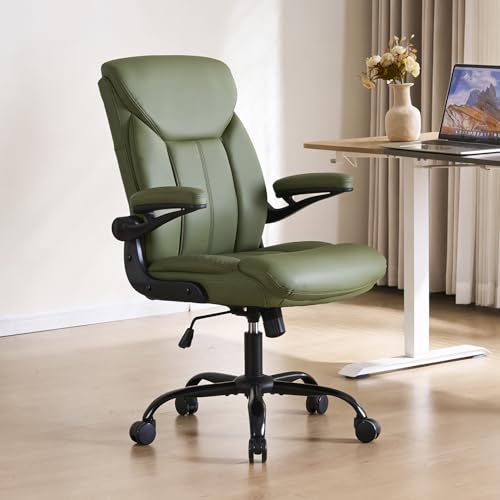 Home Office Ergonomic Desk Chair - Comfy Leather Executive Chair with Flip-Up Armrests Height Adjustable Computer Chair for Gaming 360 Swivel & Rocking (Green)