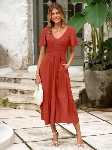 Image of Simplee Womens Summer Smocked Flowy Dress - Casual Flutter Sleeve Tiered Boho Maxi Dresses with Pockets