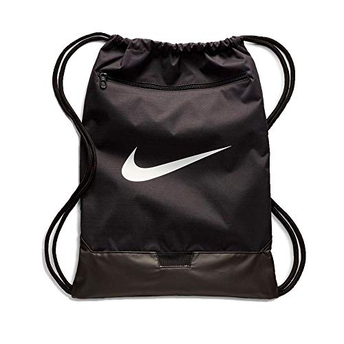 Nike Brasilia Training Gymsack, Drawstring Backpack with Zipper Pocket and Reinforced Bottom, Black/Black/White