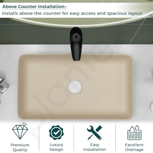 Image of Plantex Ceramic Table Top Wash Basin /Rectangle Basin for Bathroom /Over Counter Washbasin for Restaurant /Hotel (Matt Khaki, 24 x 14 x 4.5 Inch)