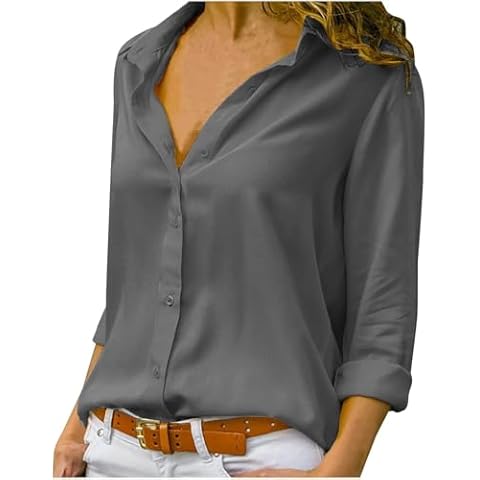 QOAAIE Women's Long Sleeve Button Down Shirts Elegant Casual Work Business Chiffon Blouses Solid V-Neck Loose T-Shirts (Grey,Large) Cover