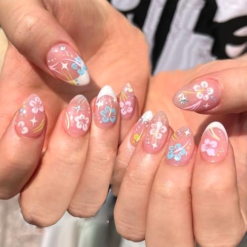 24pcs Spring Summer Flower False Nails French Tip Floral Press on...