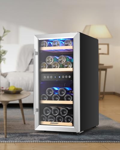 Kalamera Weinkühlschrank 2 Zonen, Edelstahl Glastür, 33 Flaschen(bis zu 310 mm Höhe), 100 Liter, Zwei Temperaturzonen 5-10°C/10-18°C, Freistehend, KRC-33BSS – Bild 3