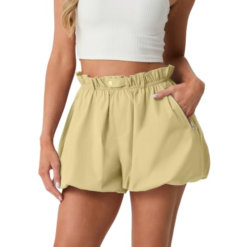 ONLYSTORY Women's High Waisted Bubble Shorts Casual Summer Y2K Balloon Shorts Cute Puffy Beach Festival Outfits with Pockets Cream Yellow