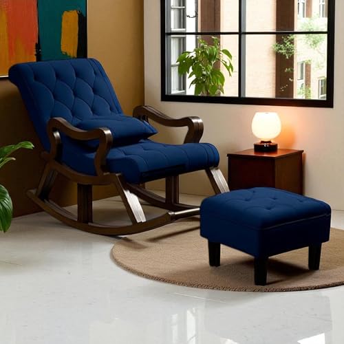 Image of Wood Modern Ergonomic Rocking Chair Including with Cushain Footrest for Relaxing | Rolling Chair for Living Room (Blue)