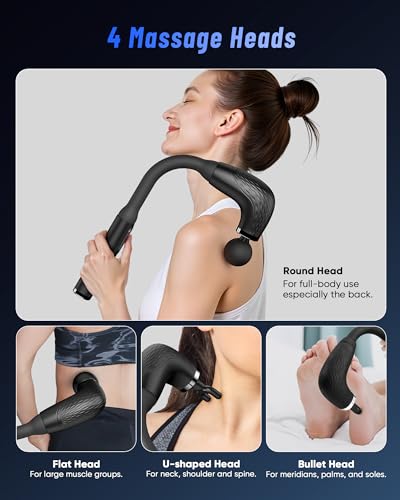 Deep Tissue Massage Gun with Extended Handle, LCD Screen, 4 Heads, 3 Modes, and 6 Intensities for Pain Relief