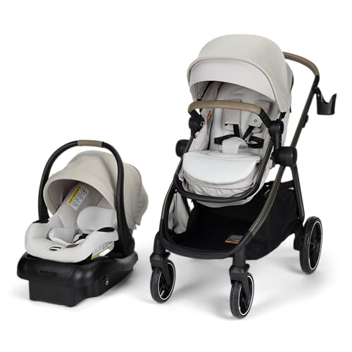 Image of Maxi-Cosi Zelia Pro 5-in-1 Travel System with Mico Pro Infant Car Seat, Baby Stroller Combo, Reversible Seat, Large Wheels, Adjustable Handle, Newborn to Toddler, Lightweight, Classic Oat