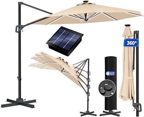 KESSER® Sonnenschirm Ampelschirm Sun Rund XL LED Solar Ø330 cm Inkl. Abdeckung, 7-Fach Verstellbar Neigbar Kippbar Groß 360° Drehbar Gartenschirm mit Kurbel Sonnenschutz UV50+ Beige