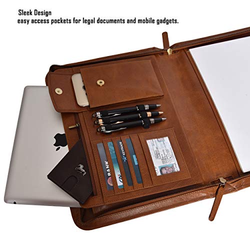 Leather Portfolio for Men and Women - Multi Pocket Zippered Padfolio Folder (Cognac Vintage)