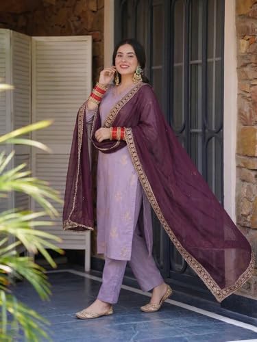 Image of GoSriKi Kurta Set Women Viscose Printed | Kurti Set Woman | Kurta Pant Dupatta 3 Piece Outfit | V-Neck 3 /4 Sleeve Straight Fit Ethnic Wear Ladies Dress Stylish Traditional Clothing