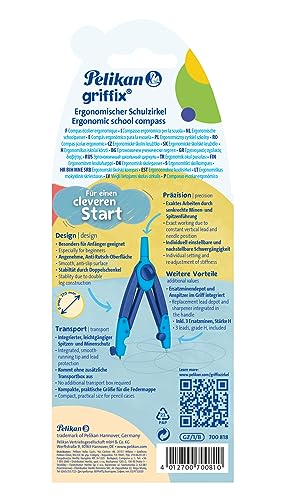 Pelikan griffix Schul-Zirkel, 150mm, mit Ersatzminen, Anspitzer und Spitzenschutz, blau, 1 Stück