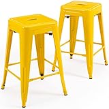 Vogue Furniture Direct 24' High Bar Stools Backless Yellow Metal Barstools Indoor-Outdoor Counter Height Stools with Square Seat, Set of 2 - VF1571019