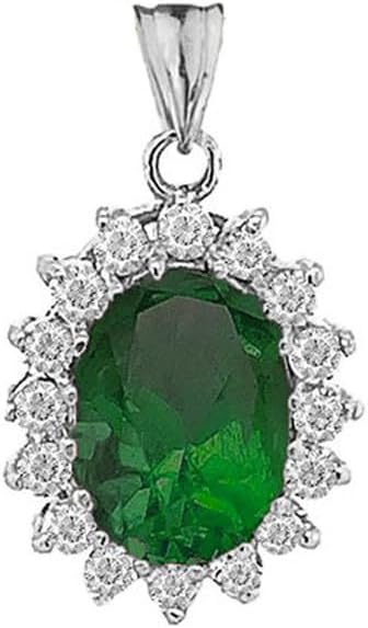 Personalized Oval Birthstone and Halo Cubic Zirconia Fancy Charm Pendant in 14k White Gold