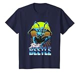 Blue Beetle Jumping Into Action Neon Gridline Background T-Shirt, Youth, Navy Blue, X-Small