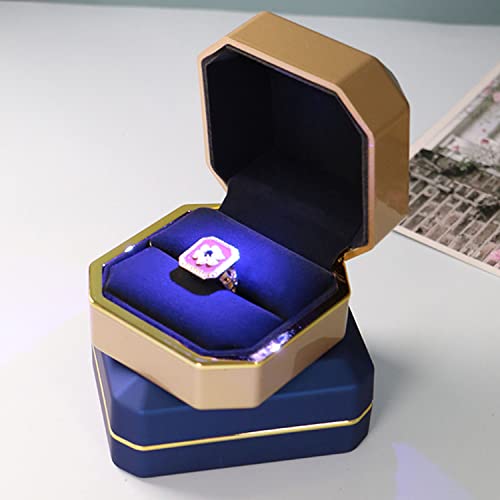 Image of Luxury Ring Box, Square Velvet Wedding Ring Case Jewelry Gift Box with LED Light for Proposal Engagement Wedding, Gold