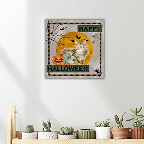 Panneau mural bois citrouille Halloween chat finition rustique