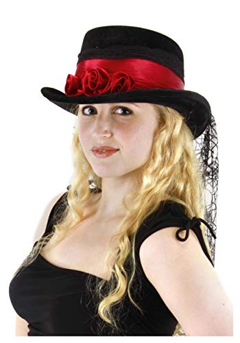 Black Vintage Steampunk Top Hat with Spiderweb Veil and Red Silk Rose