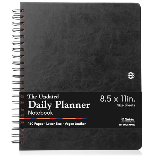 Notsu Undated Daily Planner Notebook | Minimalist Productivity Planner with To Do List, Agenda, Dot Grid, Lined, Notes sections. 160 Pages, Thick Paper 120 gsm, 8.5 x 11 inches, Premium Black Vegan