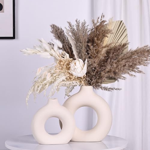 Conjunto de 2 vasos de cerâmica bege, vasos de flores redondos ocos foscos, vaso decorativo de grama