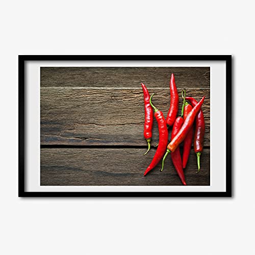 Tableau piments 60x40 cm pour habiller un mur vide avec un cadre bois chaleureux