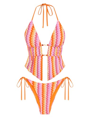 Image of ZAFUL Halter Swimsuits for Women Textured Backless 2 Piece Bathing Suits Cheeky High Cut String Tie Side Bikini Sets
