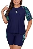 SHEKINI Damen Zweiteiliger Rashguard in Übergröße Tankini Set Kurzarm Integrierter BH Badeanzug Boyshorts Badeshirt Schnell Trocknend Schwimmshirt