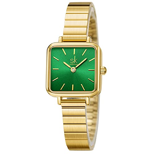 SHENGKE SK Fashion - Relojes de moda para mujer, minimalistas, cuadrados, para mujer, Verde-Dorado, Minimalista