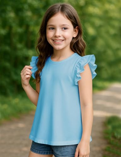 Image of Kilymosy Girls White Shirt Short Sleeve Summer Casual Flutter Tops Tee Blouse 5-14 Years