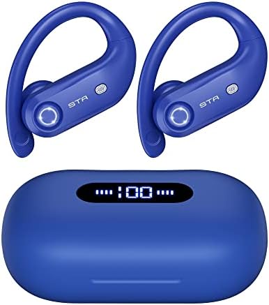 STADOR Wireless Earbuds Bluetooth Headphones 4-Mics 100hrs Playback with Ear Hook 2200mAh Wireless Charging Case Over Ear Buds Earphones for Sports Blue