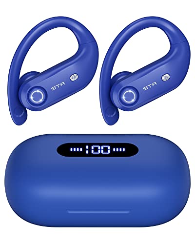 Stador Wireless Earbuds Bluetooth Headphones 4-Mics 100Hrs Playback With Ear Hook 2200Mah Wireless Charging Case Over Ear Buds Earphones For Sports Blue #TOP9