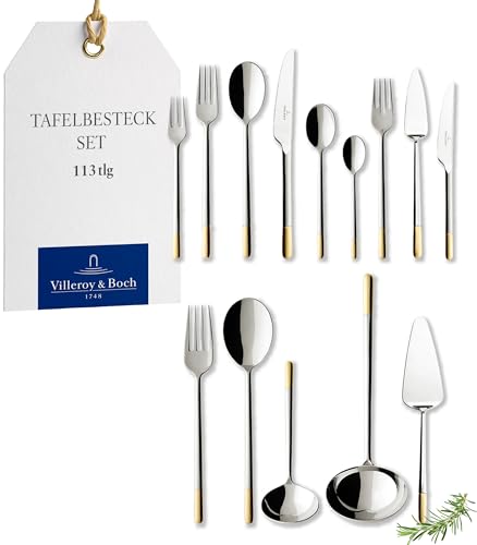 Villeroy & Boch - Ella Teilvergoldet Besteckset 113-teilig Silber, Spülmaschinenfest, Besteck Set für 12 Personen, Besteckset Platin, Besteck, Edelstahl