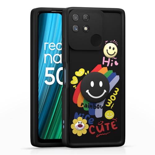 Image of Pikkme Back Cover for Realme Narzo 50A | Soft Silicone| Cute Rainbow Smile & 3D Cartoon Flower Design | Shockproof Raised Camera Protection Bumper Case (Black)