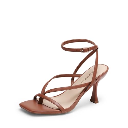 DREAM PAIRS Women's Square Heels Strappy Toe Thong Ankle Strap Sandals Shoes 6 Brown