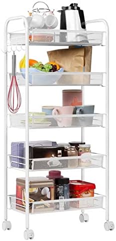 5-Tier Snack Cart Fruit and Vegetable Storage Dining Cart On Wheel Honeycomb Mesh Iron Multi-Functional Storage Shelf Utility Organizer Unit with Hook Easy Assembly Ivory White-a