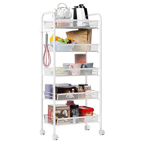 5-Tier Snack Cart Fruit And Vegetable Storage Dining Cart On Wheel Honeycomb Mesh Iron Multi-Functional Storage Shelf Utility Organizer Unit With Hook Easy Assembly Ivory White-A #TOP2