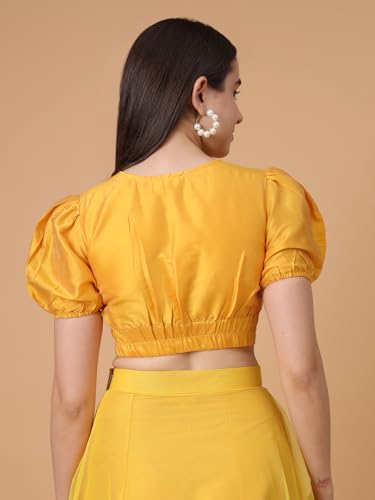 Image of Frolic Rolic Women's Girls Silk Puff Sleeve Solid V-Neck Crop Top Blouse for Party Wedding Festive