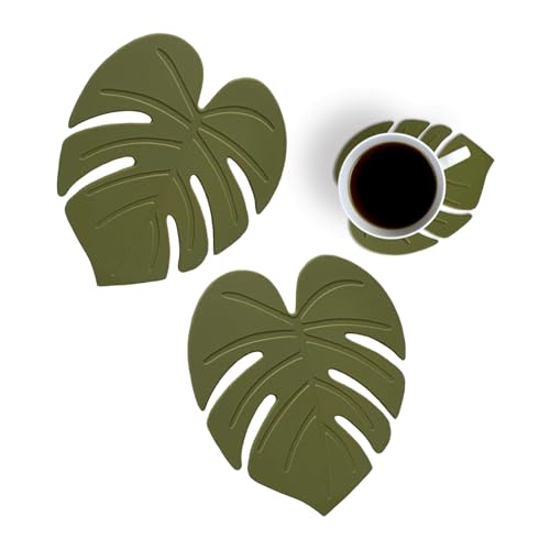 2PCS Cute Monstera Coasters Soft Silicone Coaster for Drink Fun Plant Cup Coasters for Desk Creative 3D Green Turtle Leaf Drink Coaster Tropical Home Decor