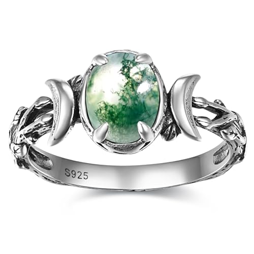 JIARUI Women Moss Agate Rings 925 Sterling Silver Boho Leaf Vine Rings Western Oval Gemstone Ring Jewelry Gift for Anniversary Birthday Fit Size 9