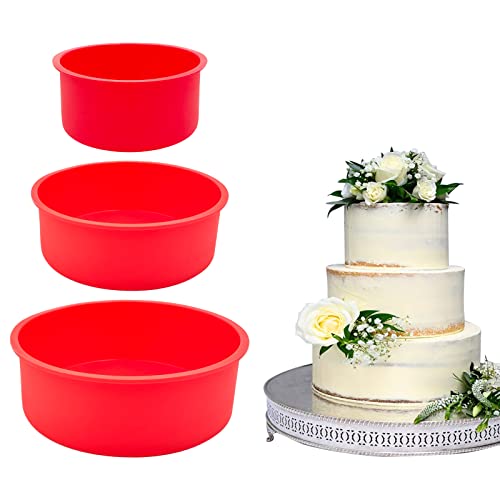 KWAGOCAR 3 Pieces Silicone Cake Pans Round Silicone Molds for Baking Quick Release Bakeware Pans Kitchen Non-Stick Reusable Cake Pan for Baking Layer Cake Cheese Chiffon Cake (4 Inch, 6 Inch, 8 Inch)